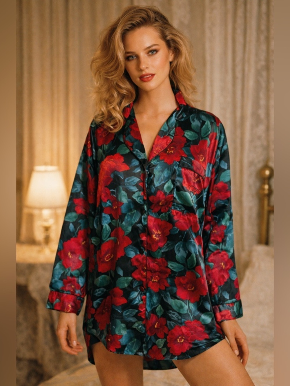 Vintage 90s Victorias Secret Gold Label Womens Sleepshirt Sz Medium Floral Satin